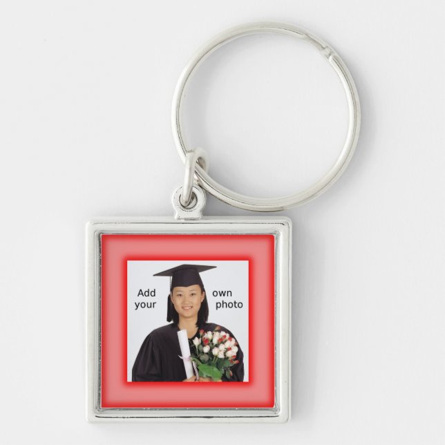 Red Lägg till ditt foto Fyrkantig Silverfärgad Nyckelring (Framsidan)