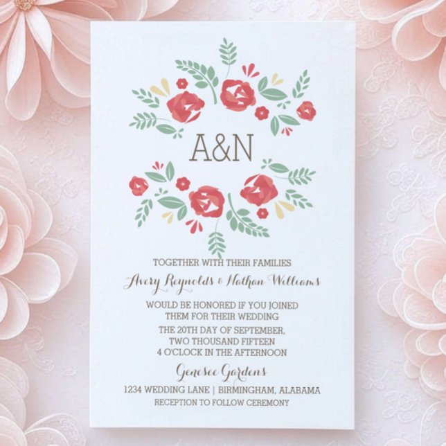 Red Land Blommigt Monogram Wedding bjudes in Inbjudningar (Red Country Floral Monogram Wedding Invite)