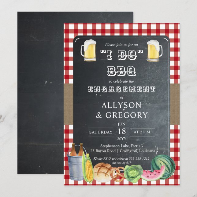 Red Land Checks i Do BBQ Förlovningsfest Inbjudningar (Fram/baksida)