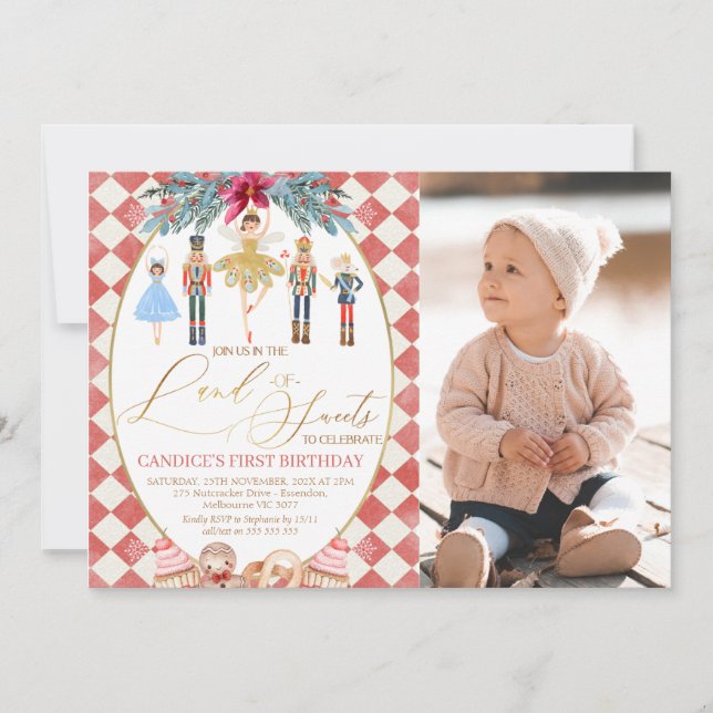 Red Land Sweets Nutcracker Photo Birthday Inbjudningar (Framsida)
