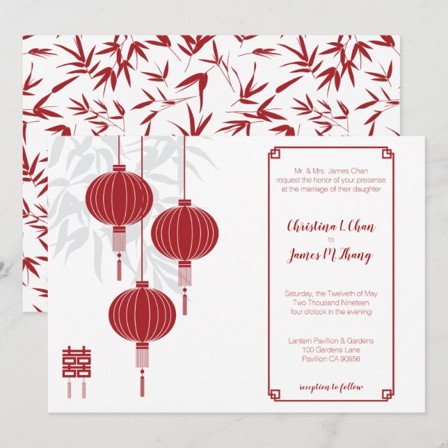 Red Lantern Dubbla Happity Chinese Bröllop Inbjudningar (Fram/baksida)