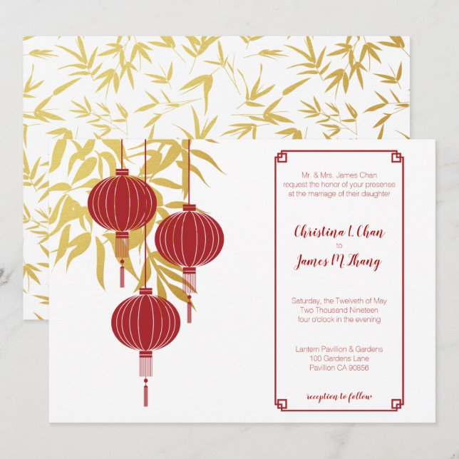 Red Lantern Guld Bamboo Chinese Bröllop Inbjudningar (Fram/baksida)