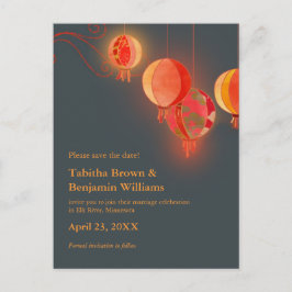 Red Lanterns Charcol Grått Bröllop spara datum Meddelande Vykort