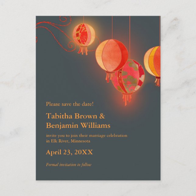 Red Lanterns Charcol Grått Bröllop spara datum Meddelande Vykort (Framsida)