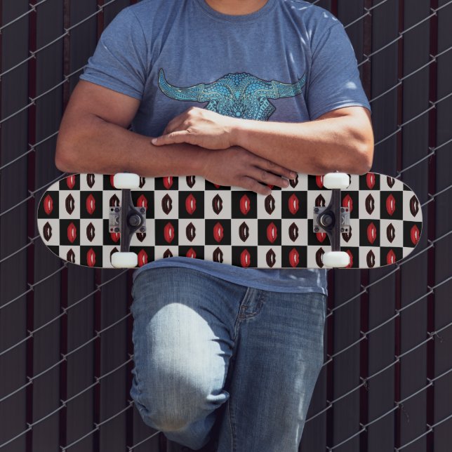 Red Läppar Black Checkerboard Retro Vibes Mini Skateboard Bräda 18,5 Cm (Utomhus 3)