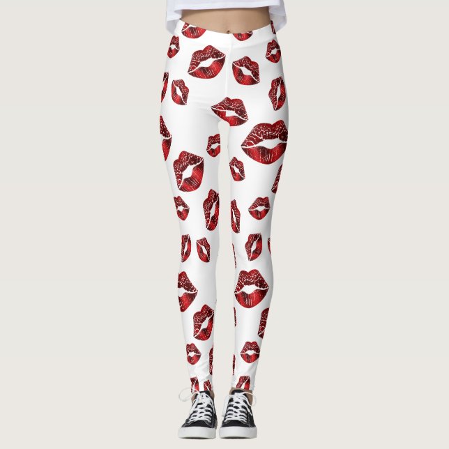 Red Läppar Kiss Mönster Leggings (Framsida)