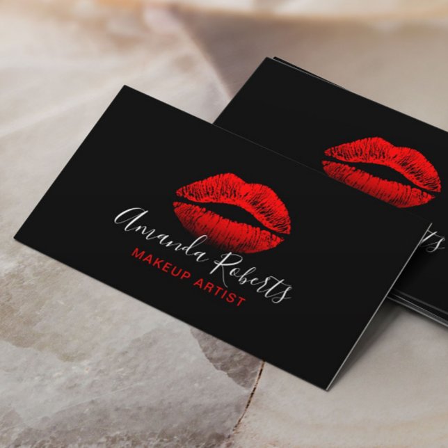 Red Läppar Makeup Artist Plain Black Visitkort (Skapare uppladdad)