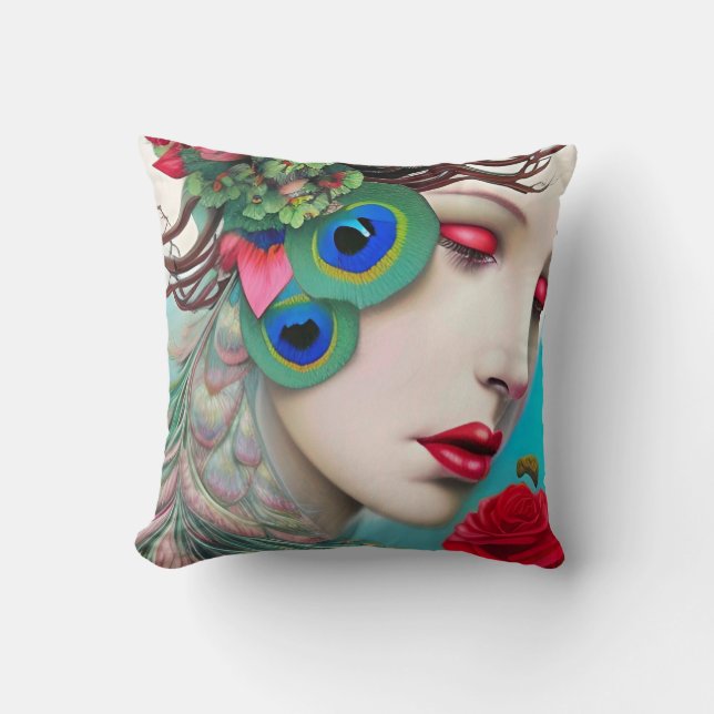 Red Läppar och Ro Peacock Abstrakt Kudde (Framsida)