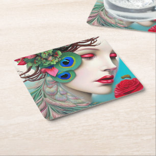 Red Läppar och Ro Peacock Abstrakt Underlägg Papper Kvadrat