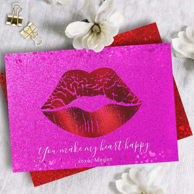 Red Läppar Rosa Glitter Mitt hjärta Lycklig Valent Julkort (Skapare uppladdad)