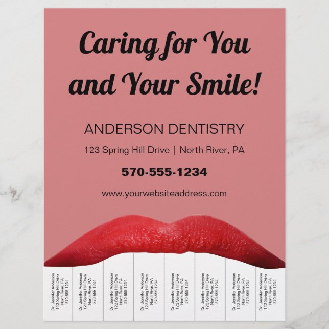 Red Läppar White Teth Dentist Office Tear Off Stri Reklamblad (Framsidan)