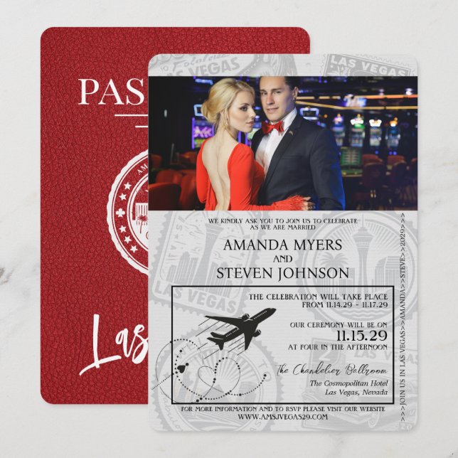 Red Las Vegas Passport Bröllop Inbjudningar (Fram/baksida)