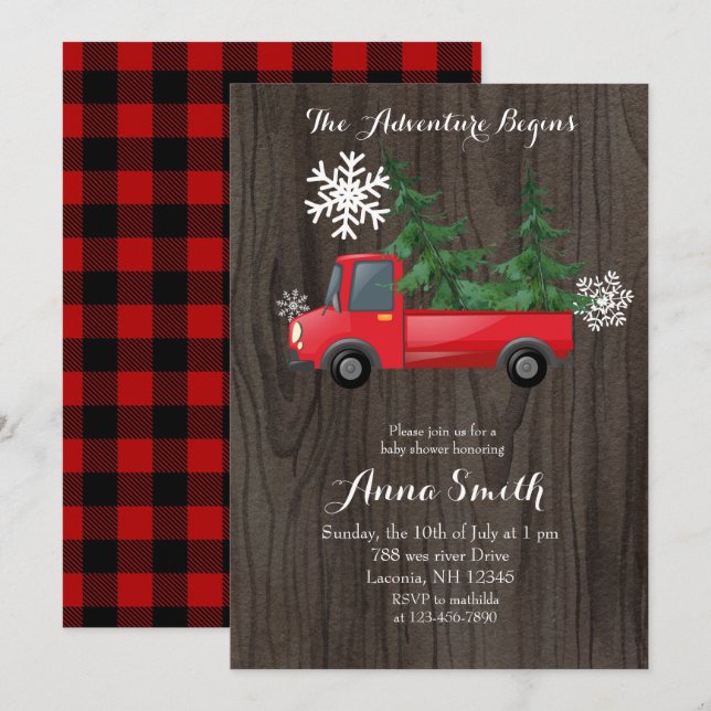 Red Lastbil Äventyr Rustic Baby Shower-inbjudan Inbjudningar (Fram/baksida)