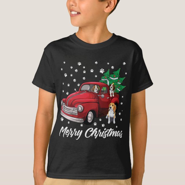 Red Lastbil God jul Träd Beagle Hund Christma T Shirt (Framsida)