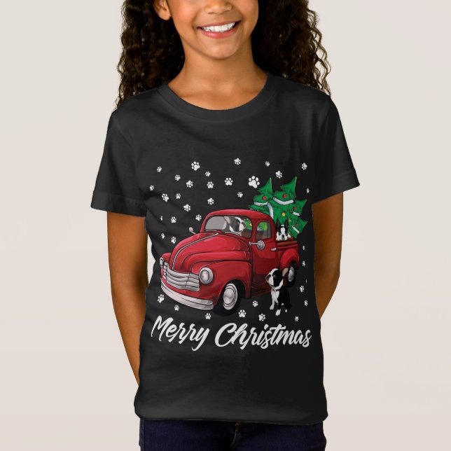 Red Lastbil God jul Träd Boston Terrier Hund T Shirt (Framsida)