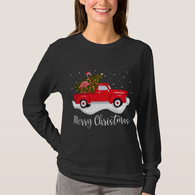 Red Lastbil God jul Träd Flamingo Jul T Shirt (Framsida)