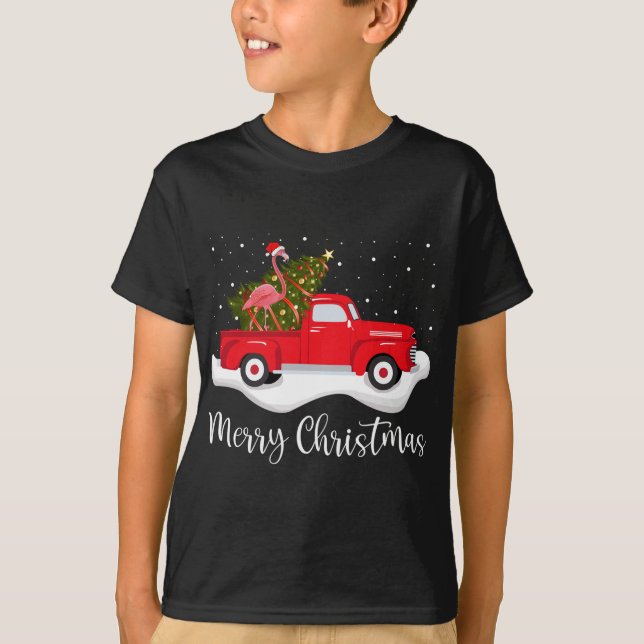 Red Lastbil God jul Träd Flamingo Jul T Shirt (Framsida)