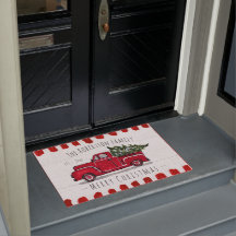 Red Lastbil Hauling Julgran Door Mat