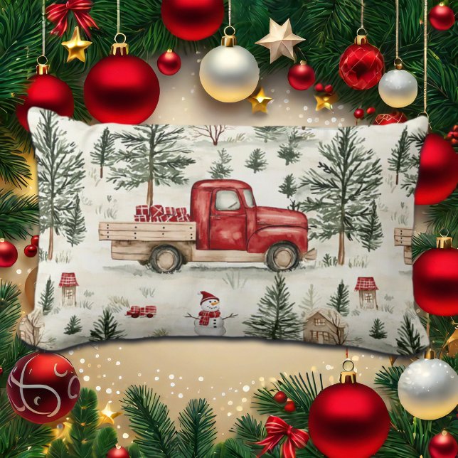 Red Lastbil med gåvor och Snögubbe Lumbarkudde (Skapare uppladdad)