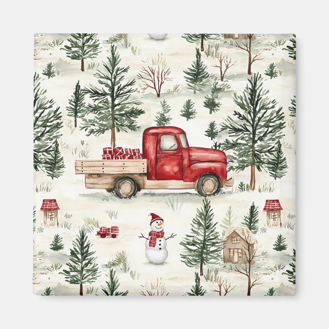 Red Lastbil med gåvor och Snögubbe Magnet (Framsidan)