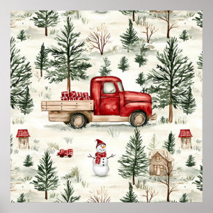 Red Lastbil med gåvor och Snögubbe Poster
