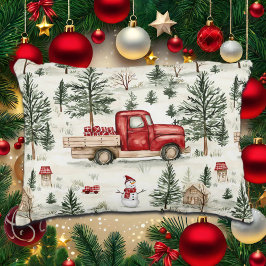 Red Lastbil med gåvor och Snögubbe Prydnadskudde