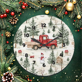 Red Lastbil med gåvor och Snögubbe Stor Klocka