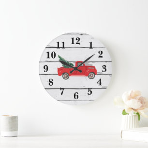 Red Lastbil med Träd Rustic Shiplap Large Clock Stor Klocka