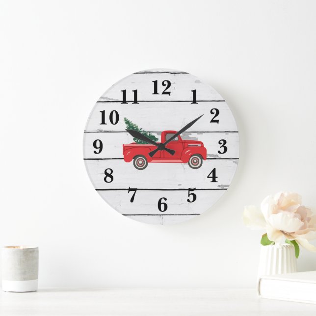 Red Lastbil med Träd Rustic Shiplap Large Clock Stor Klocka (Hem)