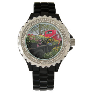 Red Lastbil med Vår blommor och regnbåge Armbandsur