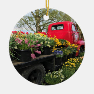 Red Lastbil med Vår blommor och regnbåge Julgransprydnad Keramik