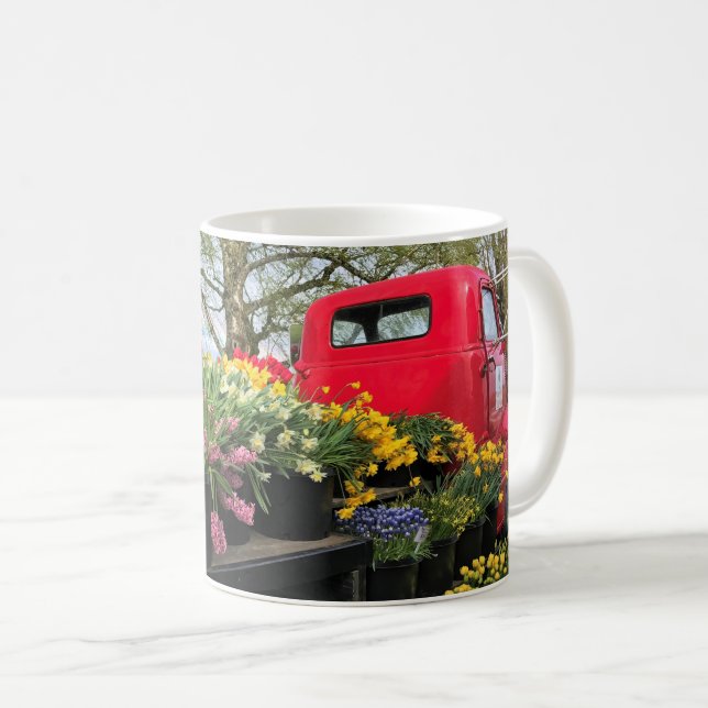Red Lastbil med Vår blommor och regnbåge Kaffemugg (Framsida höger)
