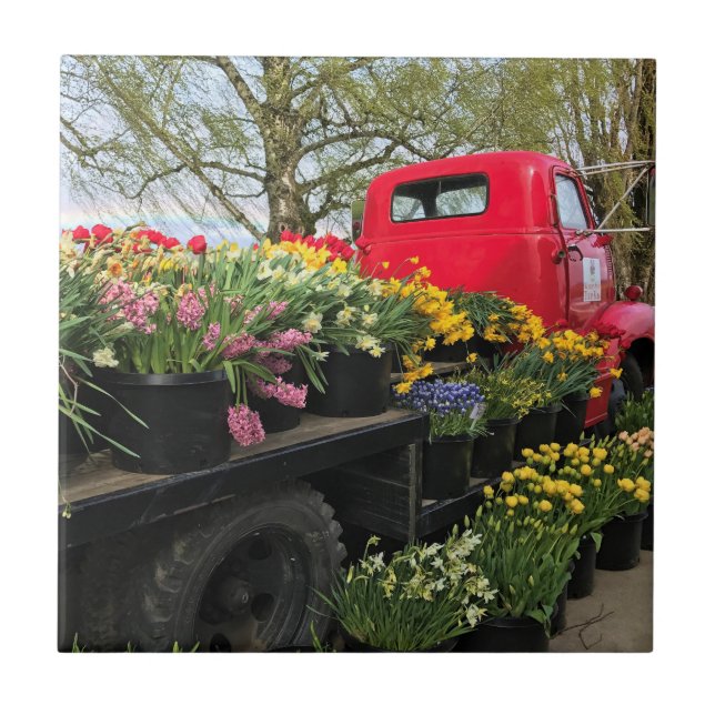 Red Lastbil med Vår blommor och regnbåge Kakelplatta (Framsidan)