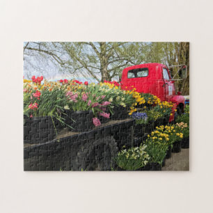 Red Lastbil med Vår blommor och regnbåge Pussel