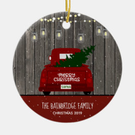 Red Lastbil och Mason Burk Ljus Family Namn Helgda Julgransprydnad Keramik