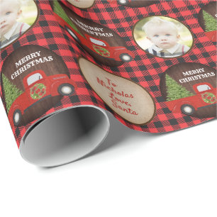 Red Lastbil och Träd Buffalo Plaid Photo jul Presentpapper