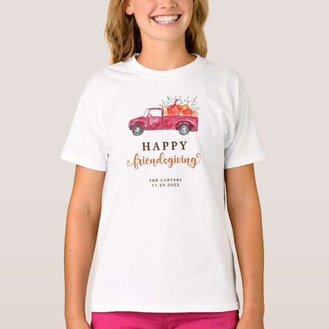 Red Lastbil Pumpkin Friendsgiving Fall Script Cute T Shirt (Framsida)