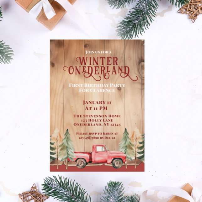 Red Lastbil Rustic Winter Onederland Birthday Inbjudningar (Skapare uppladdad)