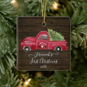 Red Lastbil Rustic Wood Baby Julgran Photo Julgransprydnad Keramik