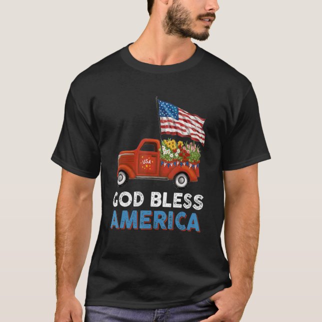 Red Lastbil USA flagga Flowers Välsigna dig Americ T Shirt (Framsida)