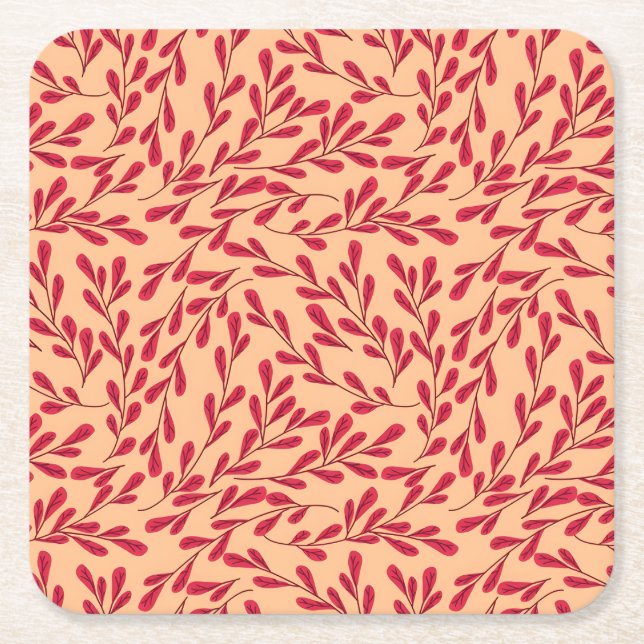  Red Leafy Branches Seamless Pattern Underlägg Papper Kvadrat (Framsidan)