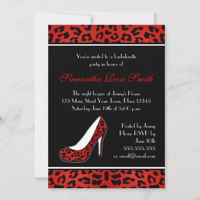 Red Leopard Animal Print Heel Bachelorette Party Inbjudningar (Framsida)