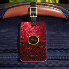 Red Leopard Animal Skin and Glitter - Monogram Bagagebricka