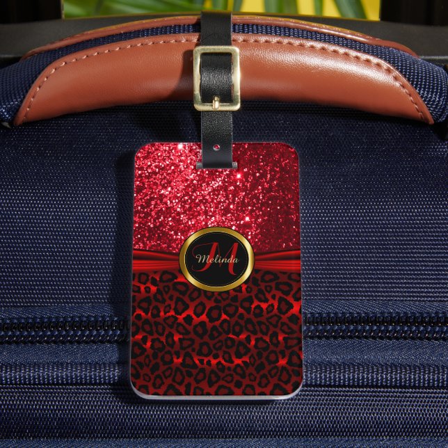 Red Leopard Animal Skin and Glitter - Monogram Bagagebricka (Framsida Insitu 2)