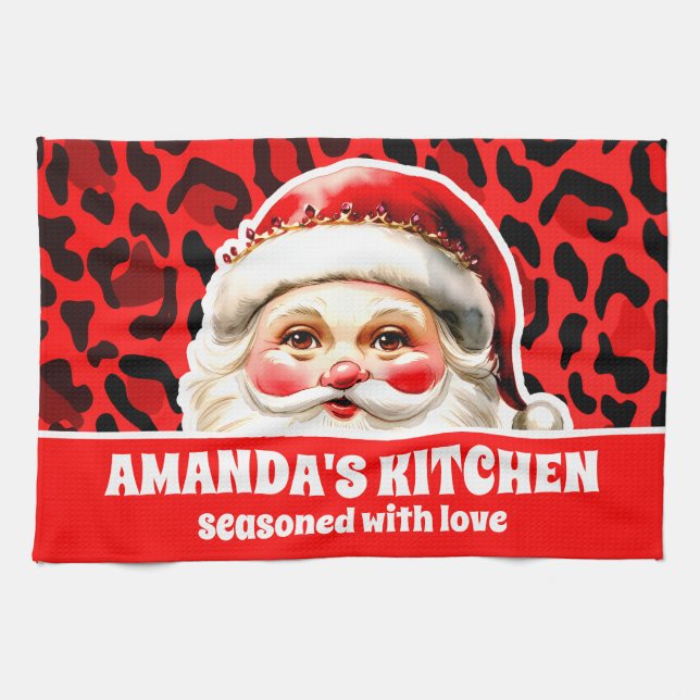 Red Leopard Print Retro Jultomten jul Kökshandduk (Horisontell)