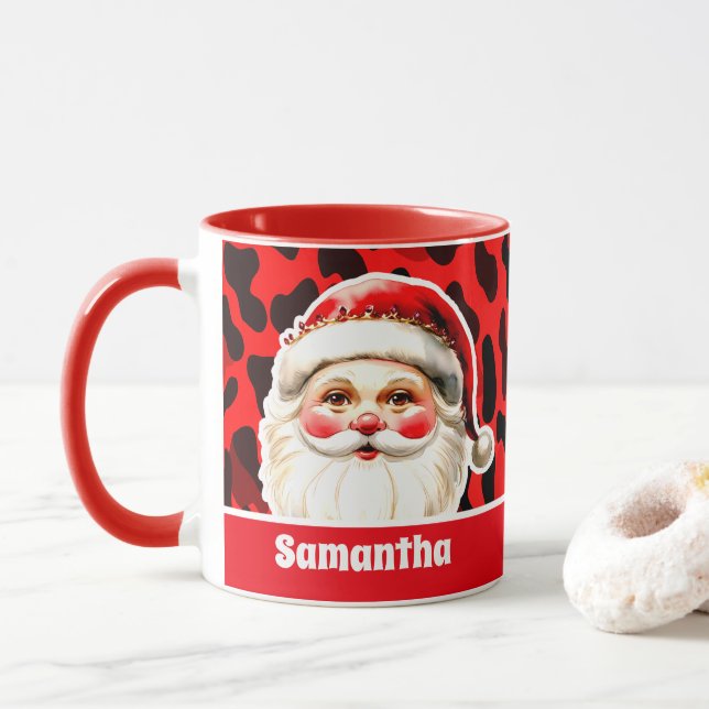 Red Leopard Print Retro Jultomten jul Mugg (Med munk)