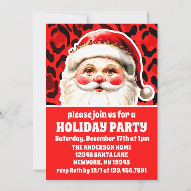 Red Leopard Print Retro Santa Party, jultomten Inbjudningar (Framsida)