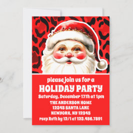 Red Leopard Print Retro Santa Party, jultomten Inbjudningar