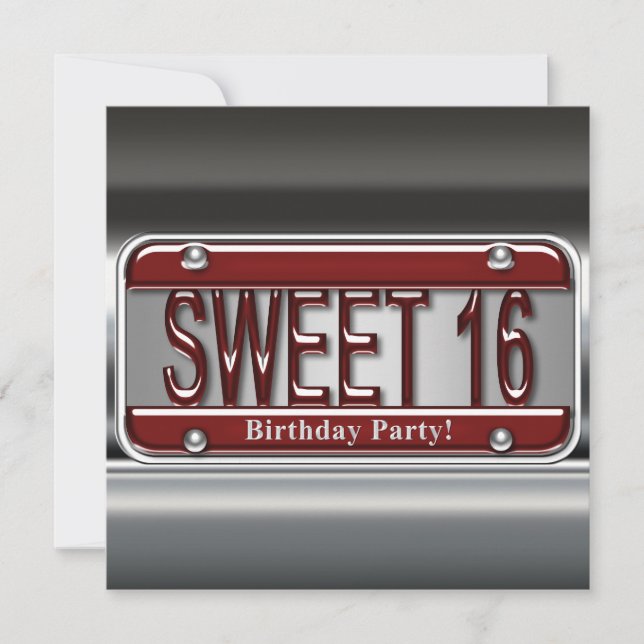 Red License Plate Sweet sixteen Party Inbjudningar (Framsida)