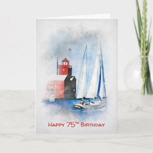 Red Lighthouse och Sailboat 75:e Birthday Kort